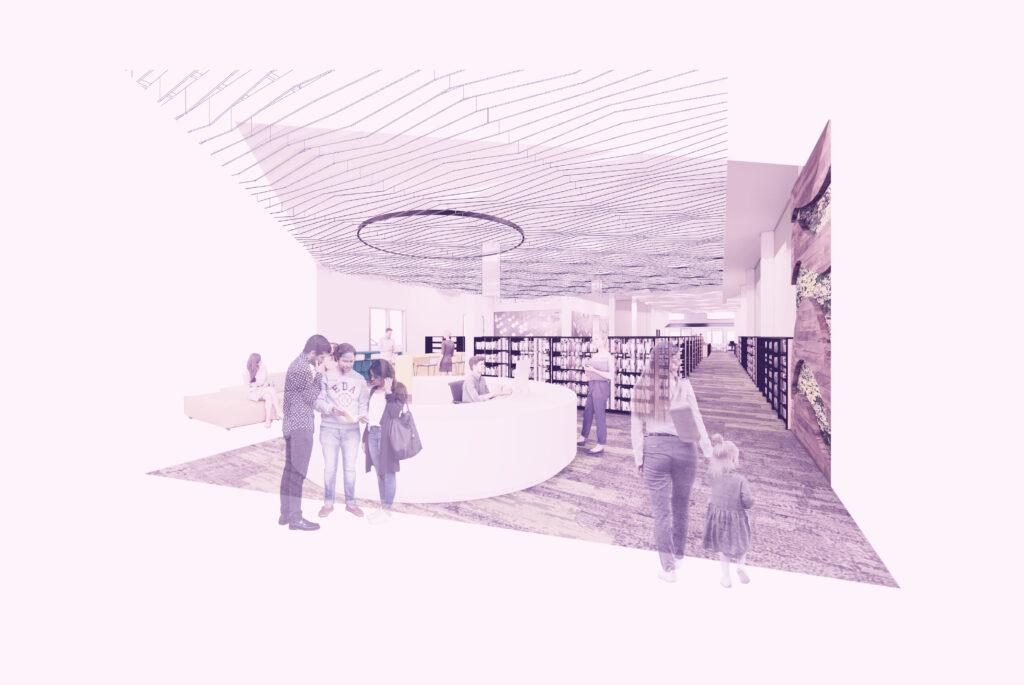 Rendering of library's circular front desk and its view to the back of the library. Bookcases line the space behind the desk and the walls.