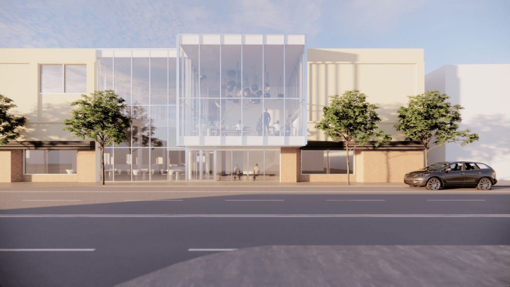 Street view of rendered new entrance to the Brandon Cultural Hub.