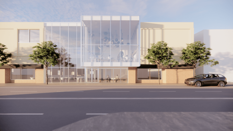 Street view of rendered new entrance to the Brandon Cultural Hub.