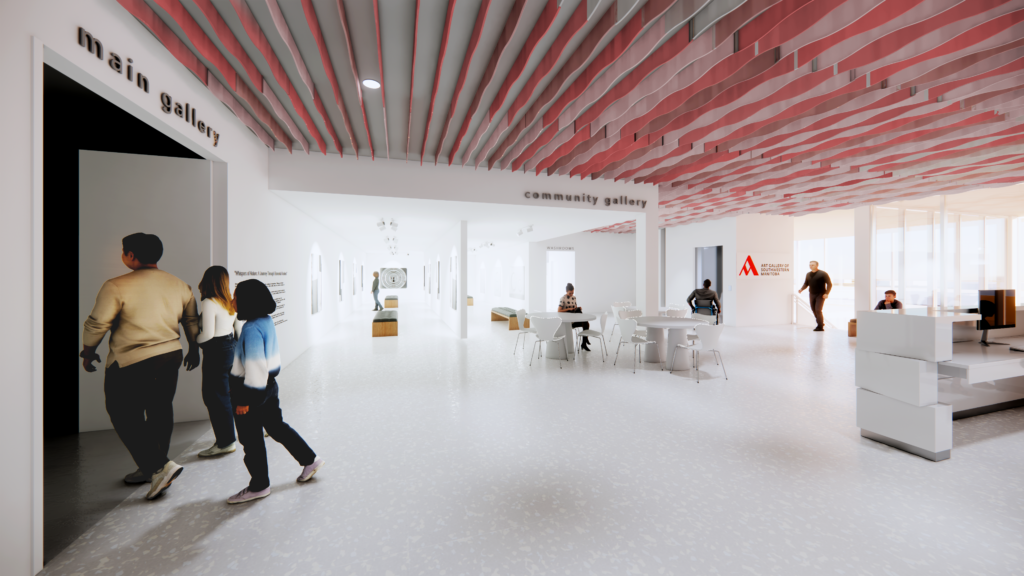 Rendering of art gallery entrances. Patrons can be seen entering a main gallery to one side of the image while the background shows a community gallery and some art exhibits displayed.