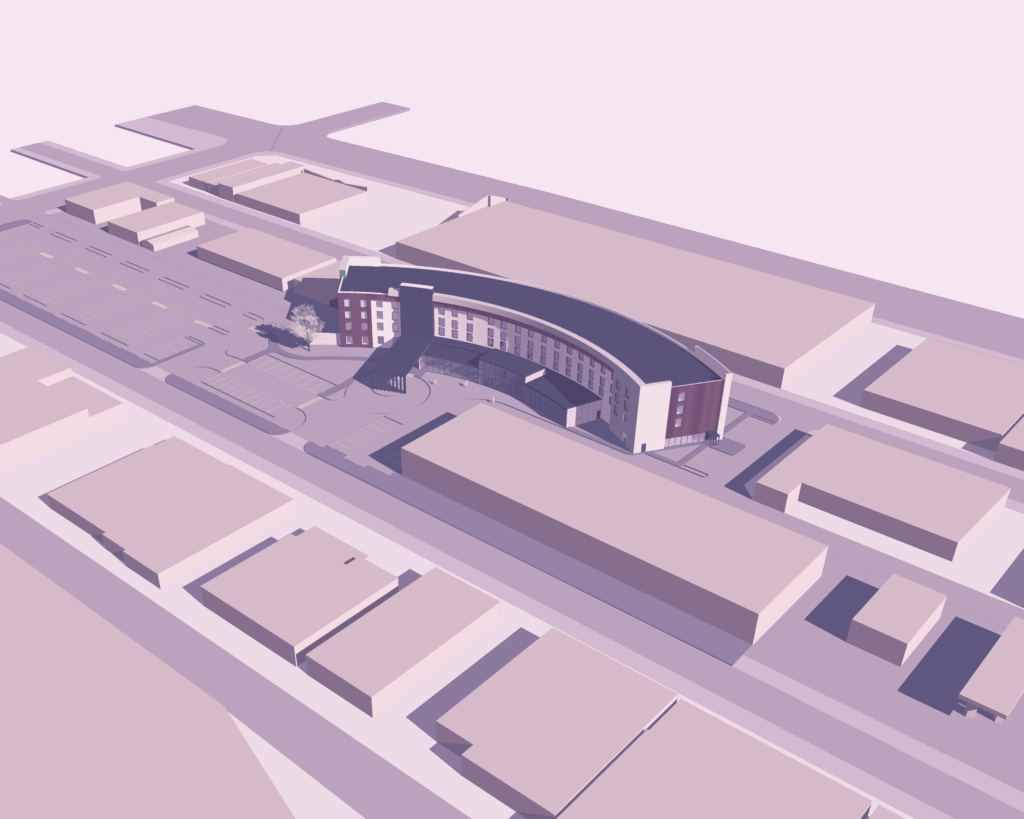 Schematic design of potential hotel building location on site with current area buildings surrounding it.