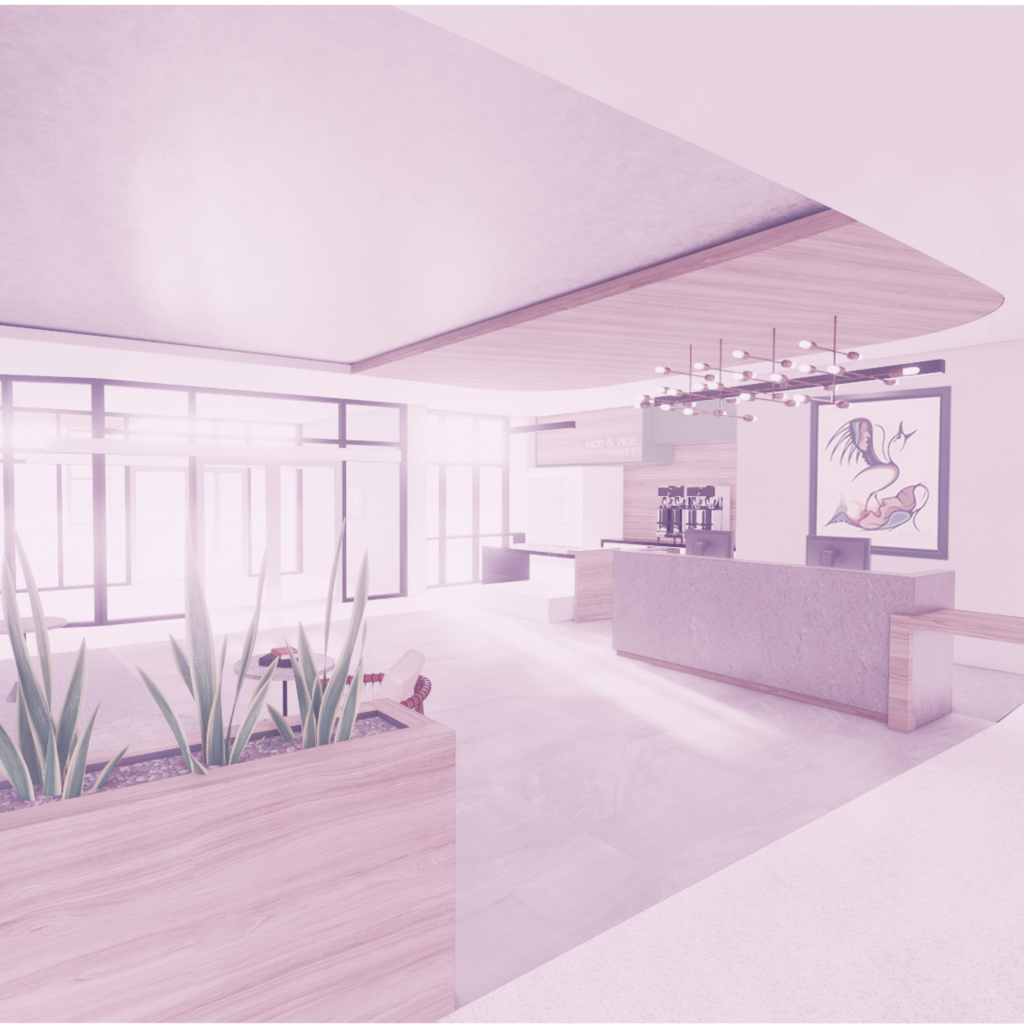 Rendering of hotel lobby and reception desk.