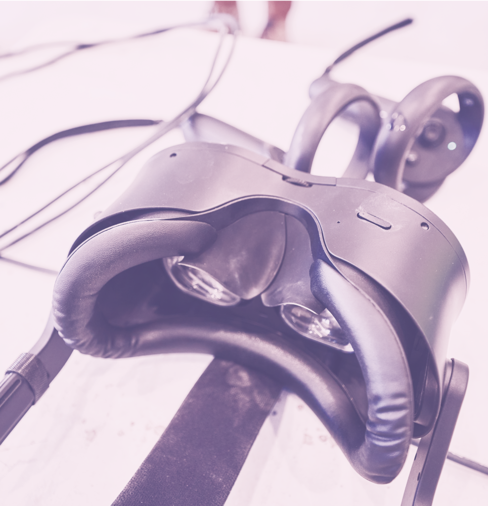 Virtual Reality headset sitting on a table.