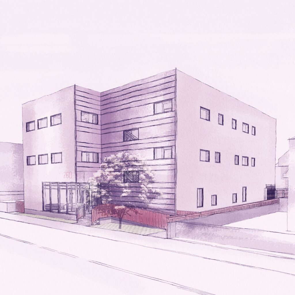 Rendering of corner elevation of apartment building.