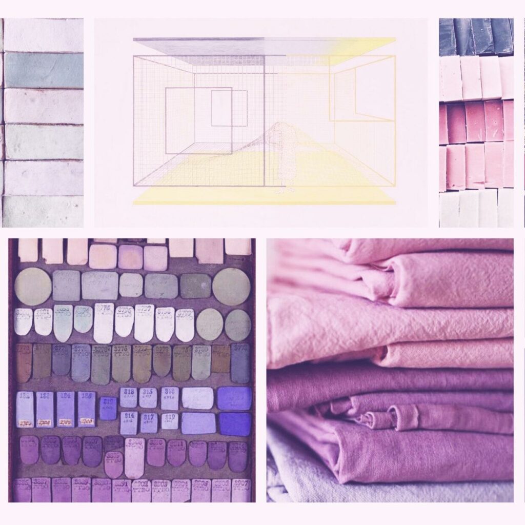 Mood board of fabrics, graphics, and colours to show the feeling of the apartment building.