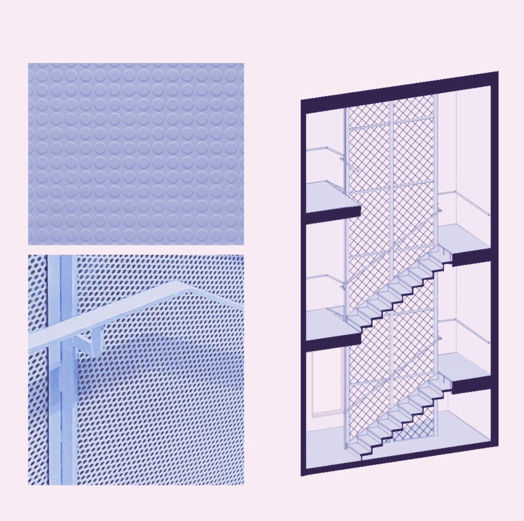 Graphic image of stairwell, including closeups of handrail and separation wall materials.