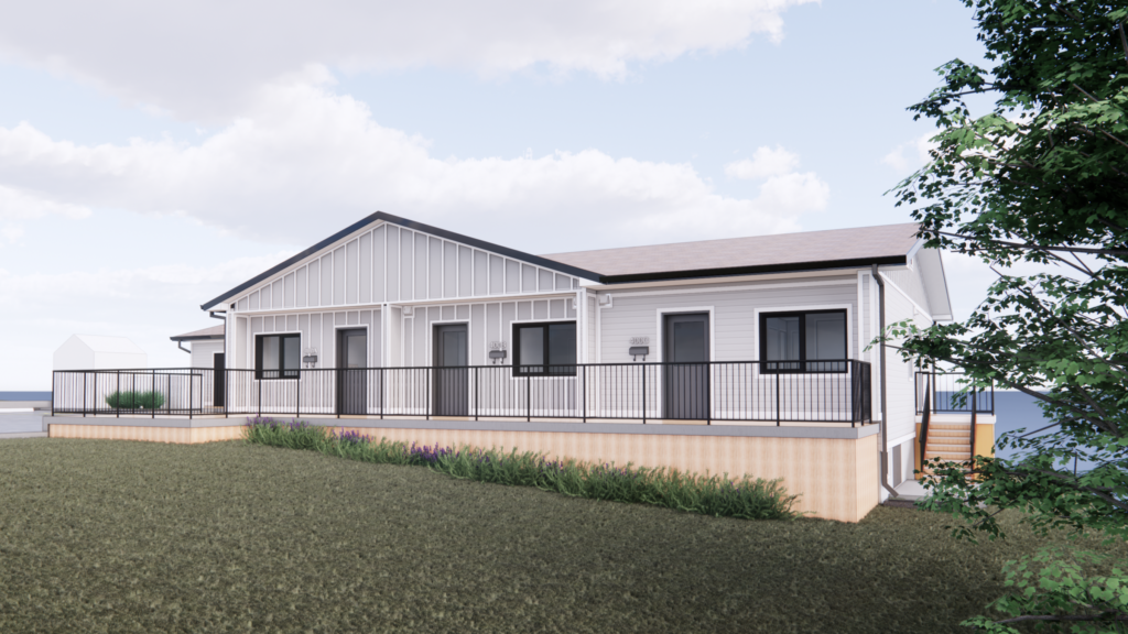 Exterior image of white community housing. Black trim on windows and doors. Front porch with railing as entry to housing units.